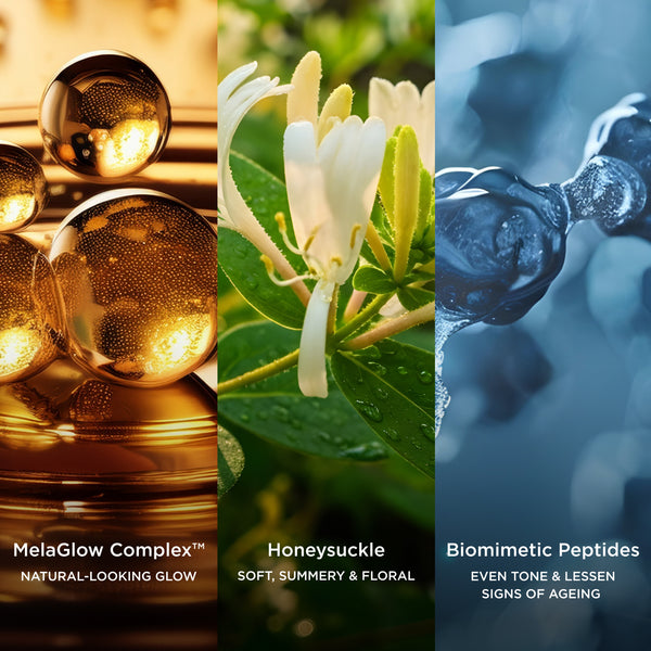 Three ingredient-inspired panels featuring glowing golden spheres labelled “MelaGlow Complex™ – Natural-Looking Glow”, white honeysuckle flowers labelled “Honeysuckle – Soft, Summery & Floral”, and blue-toned biomimetic peptides labelled “Biomimetic Peptides – Even Tone & Lessen Signs Of Ageing”.
