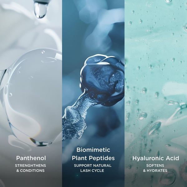 Ingredient highlights for Lashful Eyelash Growth Serum featuring panthenol to strengthen and condition, biomimetic plant peptides to support the natural lash cycle, and hyaluronic acid to soften and hydrate.