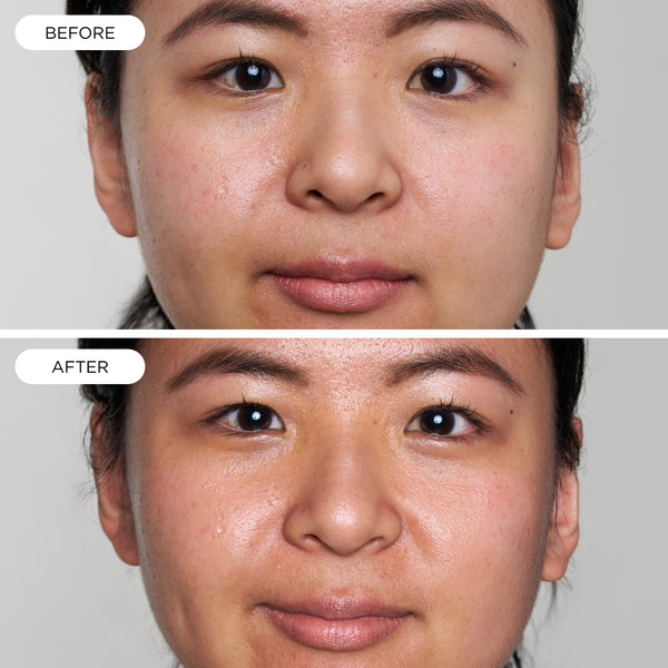 Before and after comparison of a model demonstrating a natural-looking bronzed glow after applying Tropic Sun Spritz.