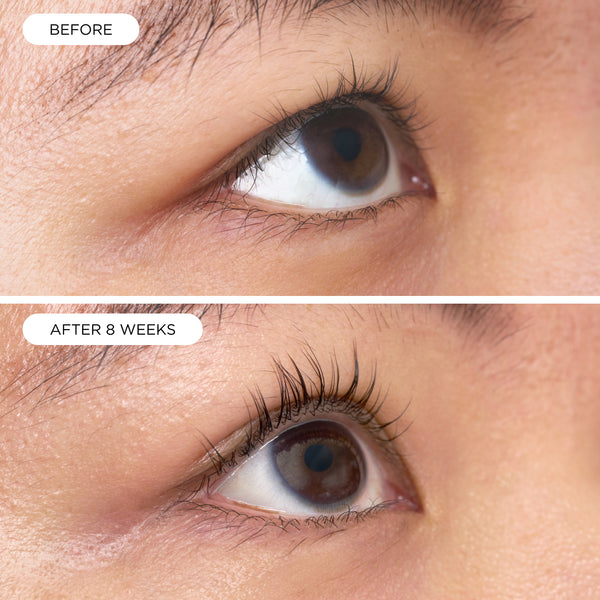 Before and after eight weeks of using Lashful Eyelash Growth Serum, showing visibly longer, fuller-looking upper lashes.