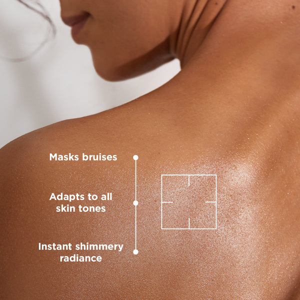 Close-up of a person’s shoulder with glowing, sun-kissed skin showing a radiant sheen. Text overlays highlight product benefits: “Masks bruises,” “Adapts to all skin tones,” and “Instant shimmery radiance.”