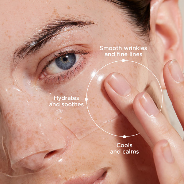 Up close of women wearing hydrogel face mask annotated with USPs; smooth wrinkles and fine lines, cools and calms, hydrates and soothes