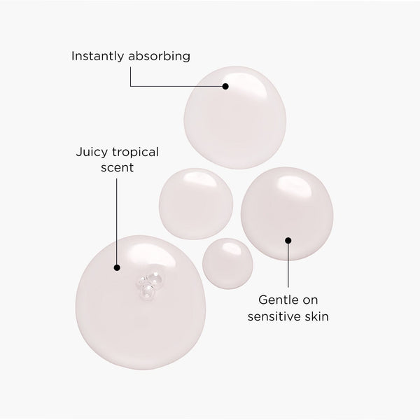 Fruit Peel light pink texture: Instantly absorbing, juicy tropical scent and gentle on sensitive skin.