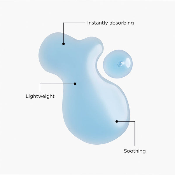 Blue droplet of Tropic Pure Lagoon serum with annotations highlighting its instantly absorbing, lightweight, and soothing properties for calm and balanced skin.