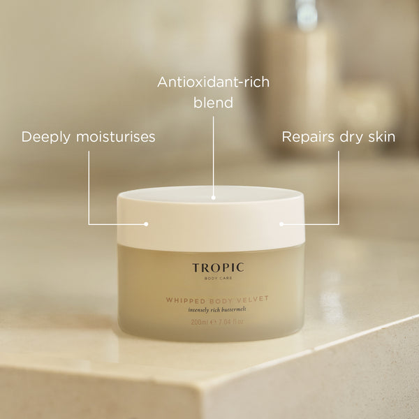 Tropic Whipped Body Velvet body butter with text reading “Deeply moisturises”, “Antioxidant-rich blend”, and “Repairs dry skin”.