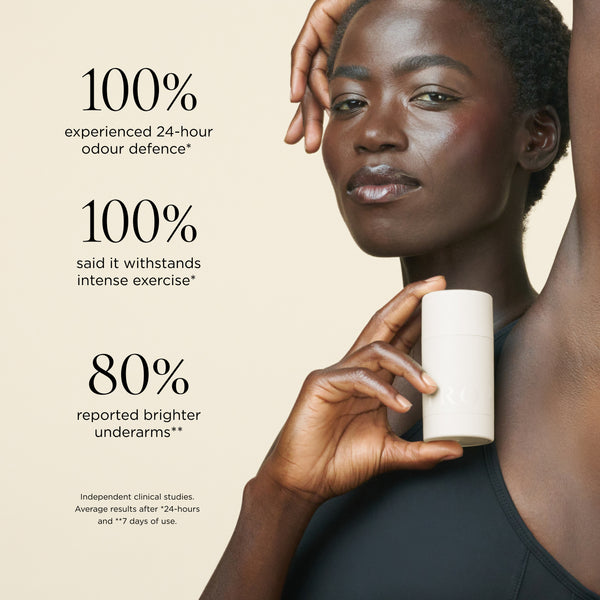 Woman holding Tropic skincare deodorant with clinical study results showing 100% experienced 24-hour odour defence, 100% said it withstands intense exercise, and 80% reported brighter underarms.