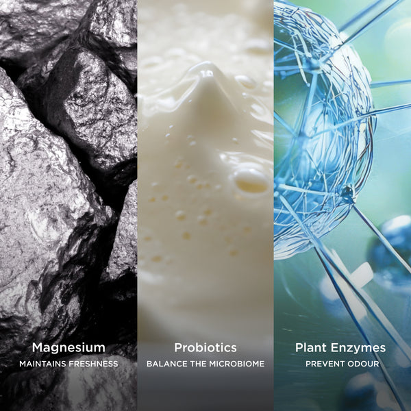Tropic Confidence deodorant key ingredients - magnesium to maintain freshness, probiotics to balance the microbiome, and plant enzymes to prevent odour.
