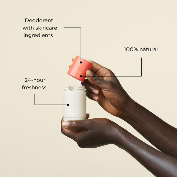 Hands loading a Tropic Confidence refill into the reusable deodorant applicator, with callouts highlighting 100% natural, skincare ingredients and 24-hour freshness.