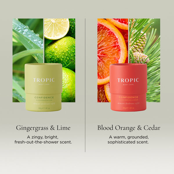 Tropic Confidence Skincare Deodorant Refills in two scents - Gingergrass & Lime and Blood Orange & Cedar - shown alongside their key natural ingredients.