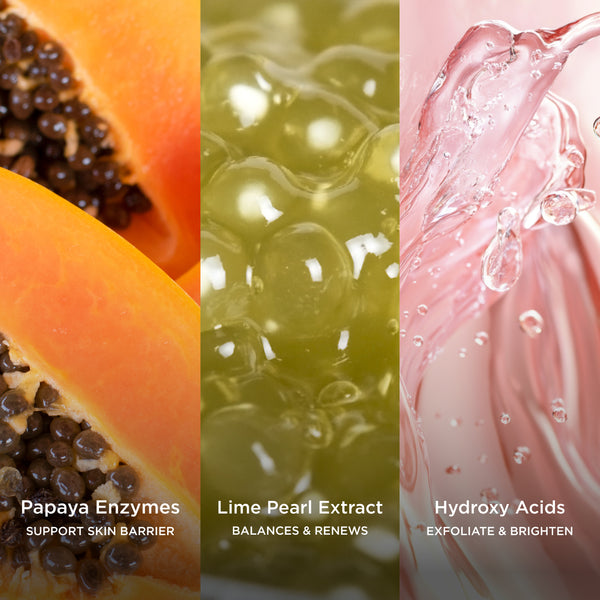 Papaya Enzymes support skin barrier, Lime Pearl Extract balances and renews, and Hydroxy Acids exfoliate and brighten shown in a tropical ingredient collage.