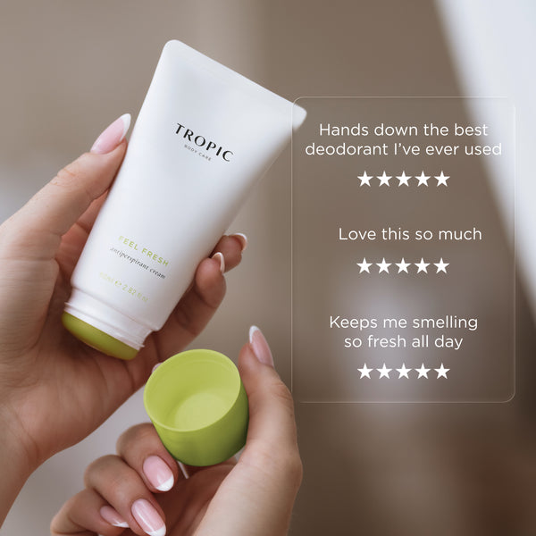 A person holds a white tube of deodorant cream with a bright green cap, shown against a soft beige background with reviews on the right. 
