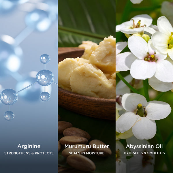 Ingredient collage featuring Arginine, Murumuru Butter and Abyssinian Oil, with on-image text highlighting their benefits: 