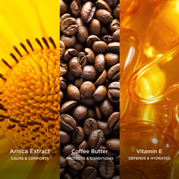 Ingredient collage featuring Arnica Extract, Coffee Butter and Vitamin E, with on-image text highlighting their benefits: 