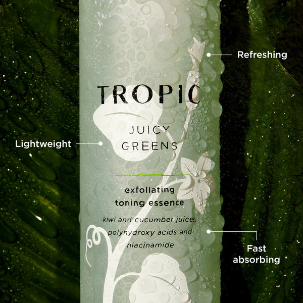 The image displays a skincare product called  Juicy Greens. It is an exfoliating toning essence that features ingredients like kiwi and cucumber juices, polyhydroxy acids, and niacinamide. The product is highlighted as being:

Lightweight
Refreshing
Fast absorbing
It is showcased with water droplets on the bottle, emphasising its fresh and hydrating qualities.