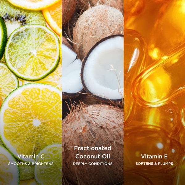 Ingredient collage featuring slices of citrus fruits representing Vitamin C, fresh coconuts representing Fractionated Coconut Oil, and golden Vitamin E capsules, with on-image text highlighting their benefits: 