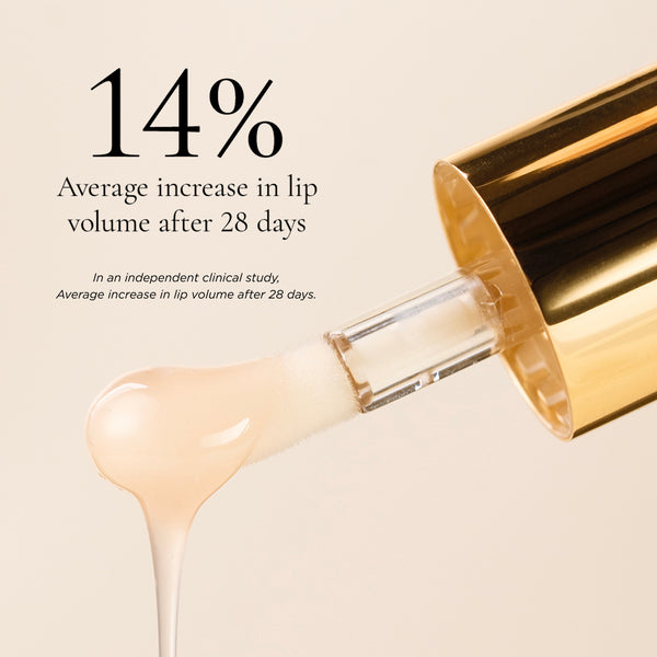 A lip silk serum applicator with text highlighting a 14% increase in lip volume after 28 days.