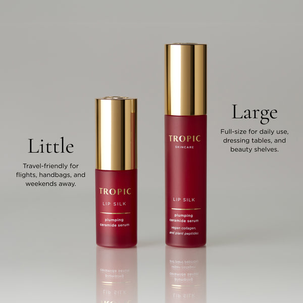 Two Tropic Lip Silk bottles in small and full-size, highlighting travel-friendly and everyday use options.