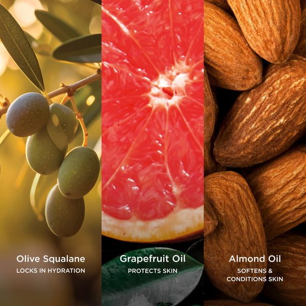 Ingredient collage featuring Olive Squalane, Grapefruit Oil and Almond Oil, highlighting ingredients that help lock in hydration, protect skin and soften and condition skin.