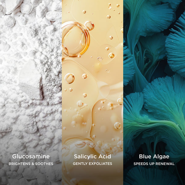 Glucosamine brightens and soothes, Salicylic Acid gently exfoliates, and Blue Algae speeds up renewal in an ingredient-focused skincare image.