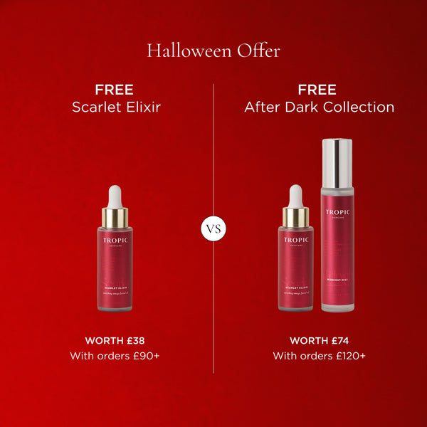 Promotional graphic on a red background offering a free Scarlet Elixir when you spend £90+ or a free After Dark Collection set when you spend £120+