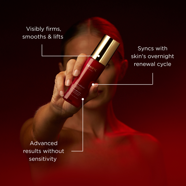 Tropic Skincare Skin Dream Advanced Firming Night Cream held up against a deep red background, with callouts highlighting three key benefits: visibly firms, smooths and lifts; syncs with skin's overnight renewal cycle; and advanced results without sensitivity.