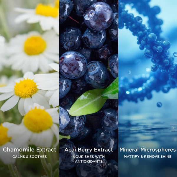 Three-panel ingredient image featuring chamomile extract, açaí berry extract, and mineral microspheres, with on-image text highlighting calming, antioxidant nourishment, and mattifying benefits.