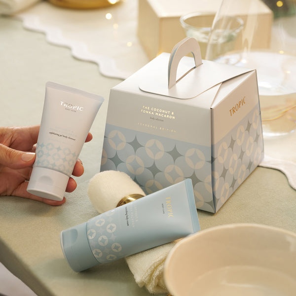 Tropic The Coconut & Tonka Macaron body selection gift set with exfoliating gel cleanser and nourishing body cream.