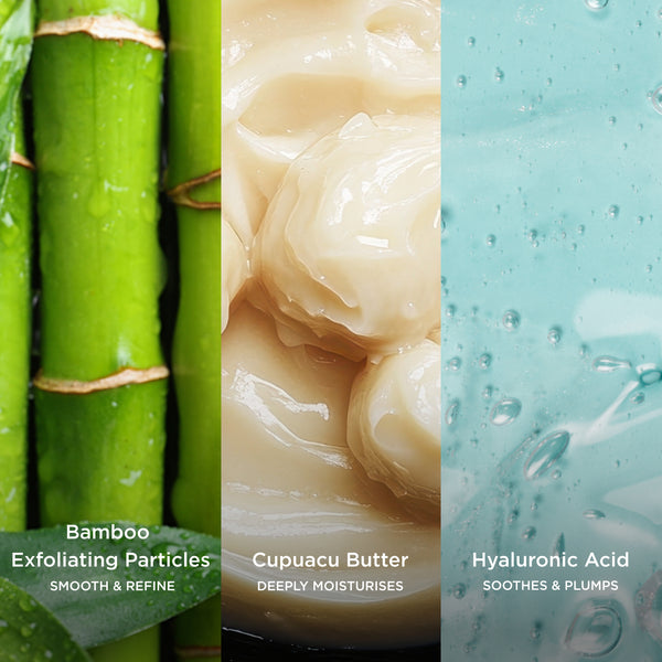 Three-panel ingredient graphic showing Bamboo Exfoliating Particles, Cupuacu Butter, and Hyaluronic Acid with macro visuals.
