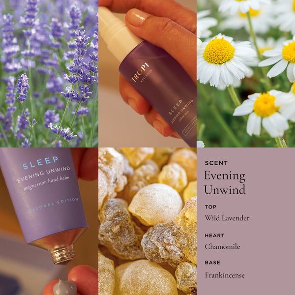 Tropic Sleep Evening Unwind pillow mist and magnesium hand balm scent profile collage showing lavender, chamomile flowers, and frankincense resin with evening unwind fragrance notes.
