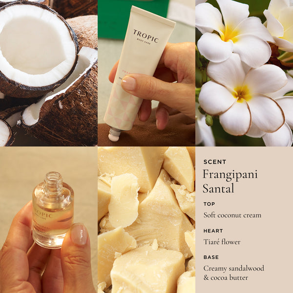Tropic Frangipani Santal hand cream and restoring face oil scent profile collage showing coconut, frangipani flowers, and cocoa butter with frangipani santal fragrance notes.