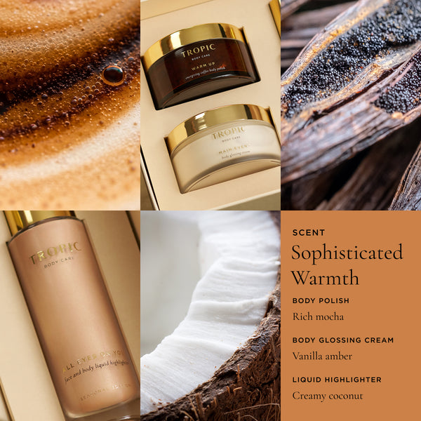 Tropic Warm Up energising coffee body polish, Main Event body glossing cream, and All Eyes On You face and body liquid highlighter scent profile collage showing coffee, vanilla pods, and coconut with sophisticated warmth fragrance notes.