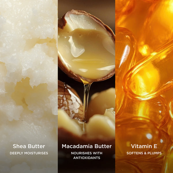 Three-panel ingredient graphic showing Shea Butter, Macadamia Butter, and Vitamin E with macro visuals.