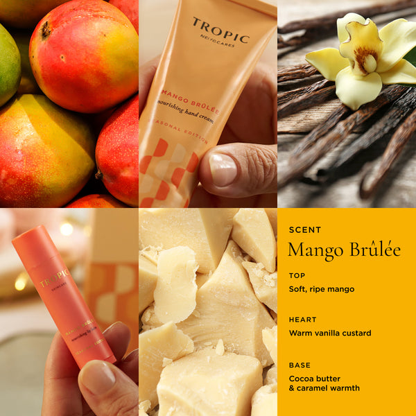 Tropic Mango Brûlée nourishing hand cream and lip balm scent profile collage showing mangoes, vanilla pods, and cocoa butter with fragrance notes.