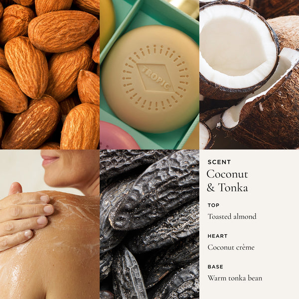 Tropic Coconut & Tonka cleansing body bar scent profile collage showing toasted almonds, coconut, and tonka beans with person applying product to shoulder and coconut & tonka fragrance notes.