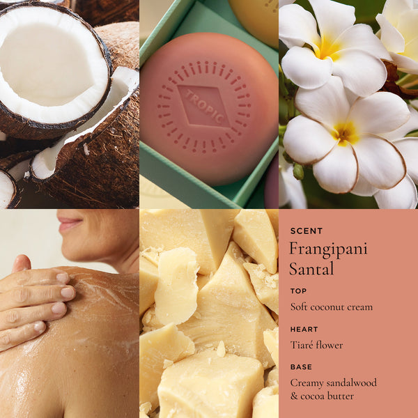 Tropic Frangipani Santal cleansing body bar scent profile collage showing coconut, frangipani flowers, and cocoa butter with person applying product to shoulder and frangipani santal fragrance notes.