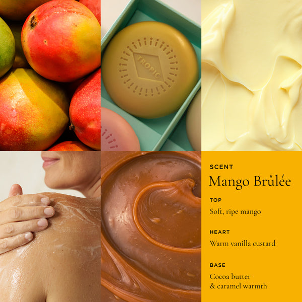 Tropic Mango Brûlée cleansing body bar scent profile collage showing mangoes, cream texture, and caramel with person applying product to shoulder and mango brûlée fragrance notes.