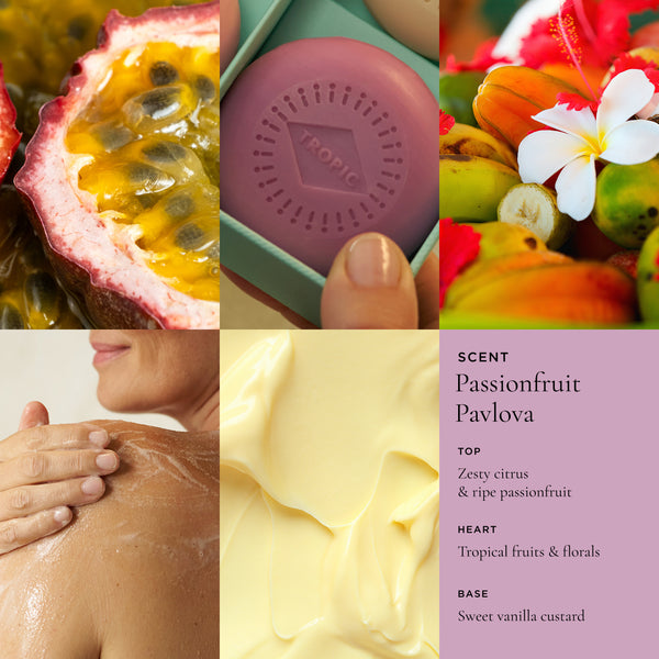 Tropic Passionfruit Pavlova cleansing body bar scent profile collage showing passionfruit, tropical fruits and frangipani, cream texture, and person applying product to shoulder with passionfruit pavlova fragrance notes.