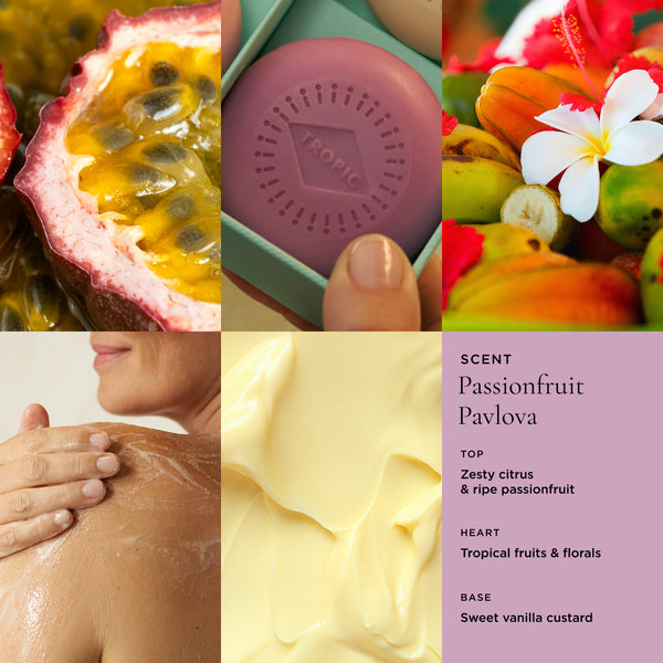 Tropic Passionfruit Pavlova cleansing body bar scent profile collage showing passionfruit, tropical fruits and frangipani, cream texture, and person applying product to shoulder with passionfruit pavlova fragrance notes.
