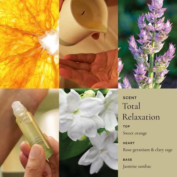 Tropic Wellness relaxation roller ball scent profile collage showing sweet orange cross-section, oil being poured into hand, clary sage, and jasmine sambac flowers with total relaxation fragrance notes.