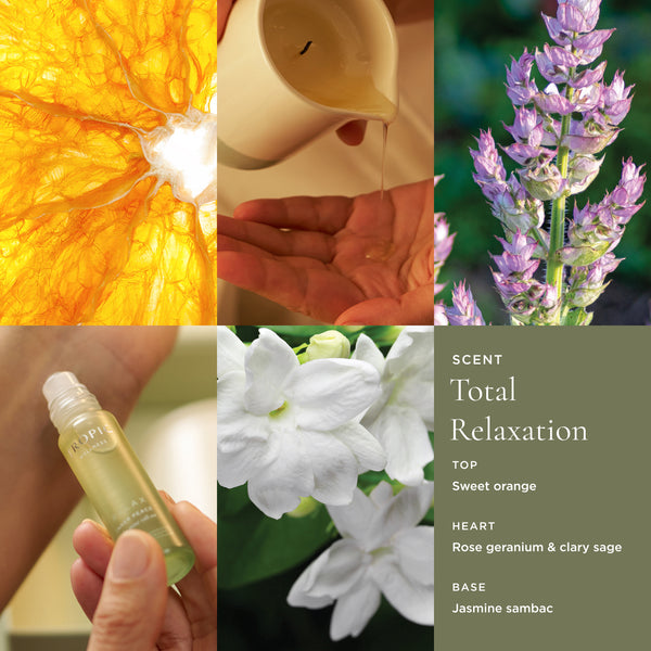 Tropic Wellness relaxation roller ball scent profile collage showing sweet orange cross-section, oil being poured into hand, clary sage, and jasmine sambac flowers with total relaxation fragrance notes.