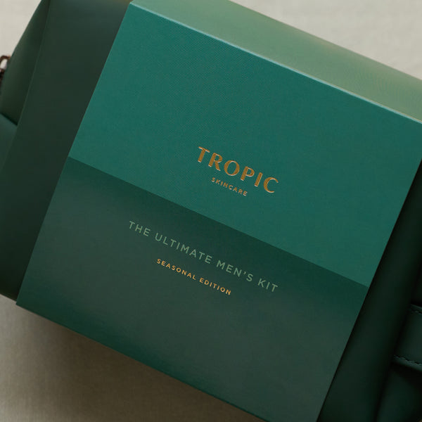 Tropic The Ultimate Men's Kit Seasonal Edition gift box close-up with gold foil lettering.