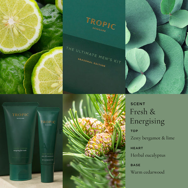 Tropic Ultimate Men's Kit seasonal edition scent profile collage showing bergamot, eucalyptus leaves, pine cones, Look Fresh energising face wash and Skin Shield daily SPF moisturiser with fresh and energising fragrance notes.