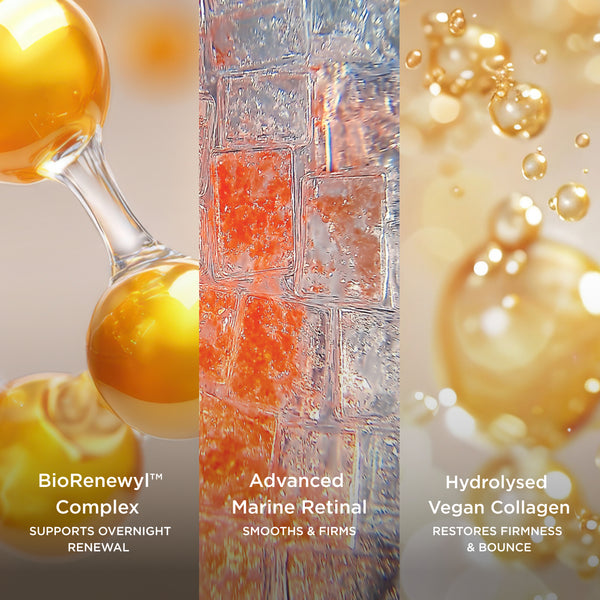 Three-panel ingredient graphic showing BioRenewyl Complex, Advanced Marine Retinal, and Hydrolysed Vegan Collagen with macro visuals.