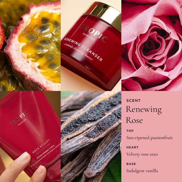 Tropic Renewing Cleanser ceramide cleansing butter and Neck Sculpt lifting collagen cream scent profile collage showing passionfruit, rose, and vanilla pods with renewing rose fragrance notes.