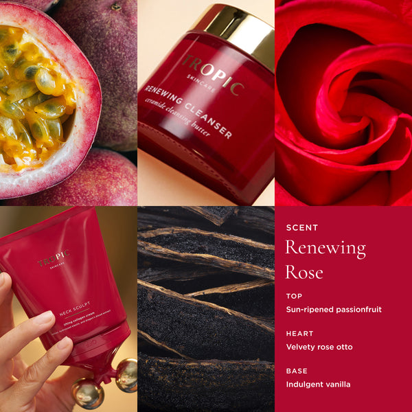 Tropic Renewing Cleanser ceramide cleansing butter and Neck Sculpt lifting collagen cream scent profile collage showing passionfruit, rose, and vanilla pods with renewing rose fragrance notes.