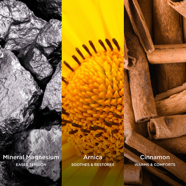 Three-panel ingredient graphic showing Mineral Magnesium, Arnica, and Cinnamon with macro visuals.