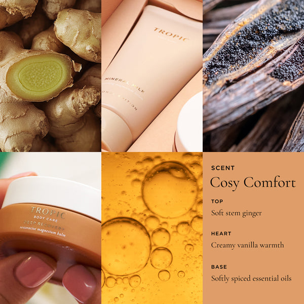 Tropic Mineral Milk body moisturising lotion and Deep Recovery restorative magnesium balm scent profile collage showing stem ginger, vanilla pods, and golden oil droplets with cosy comfort fragrance notes.