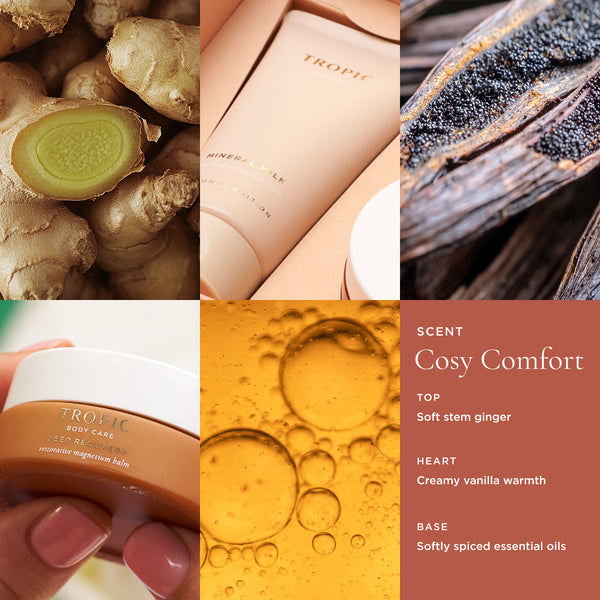 Tropic Mineral Milk body moisturising lotion and Deep Recovery restorative magnesium balm scent profile collage showing stem ginger, vanilla pods, and golden oil droplets with cosy comfort fragrance notes.