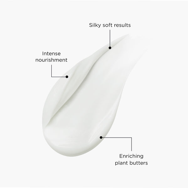 Smooth white cream texture of Tropic Hair Feast Deep Conditioning Treatment, labelled to highlight intense nourishment, enriching plant butters, and silky soft results.