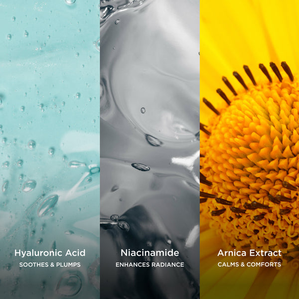 Ingredient graphic featuring hyaluronic acid, niacinamide and arnica extract. The image includes the text: 